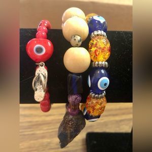 Evil eye elastic bracelets, glass, glass-wood-stone mix